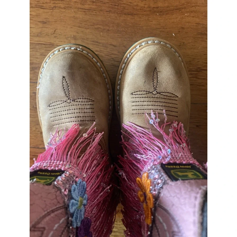 John Deere Cowgirl Boots Toddler Sz 10 Pink Leather Round Toe Upcycled